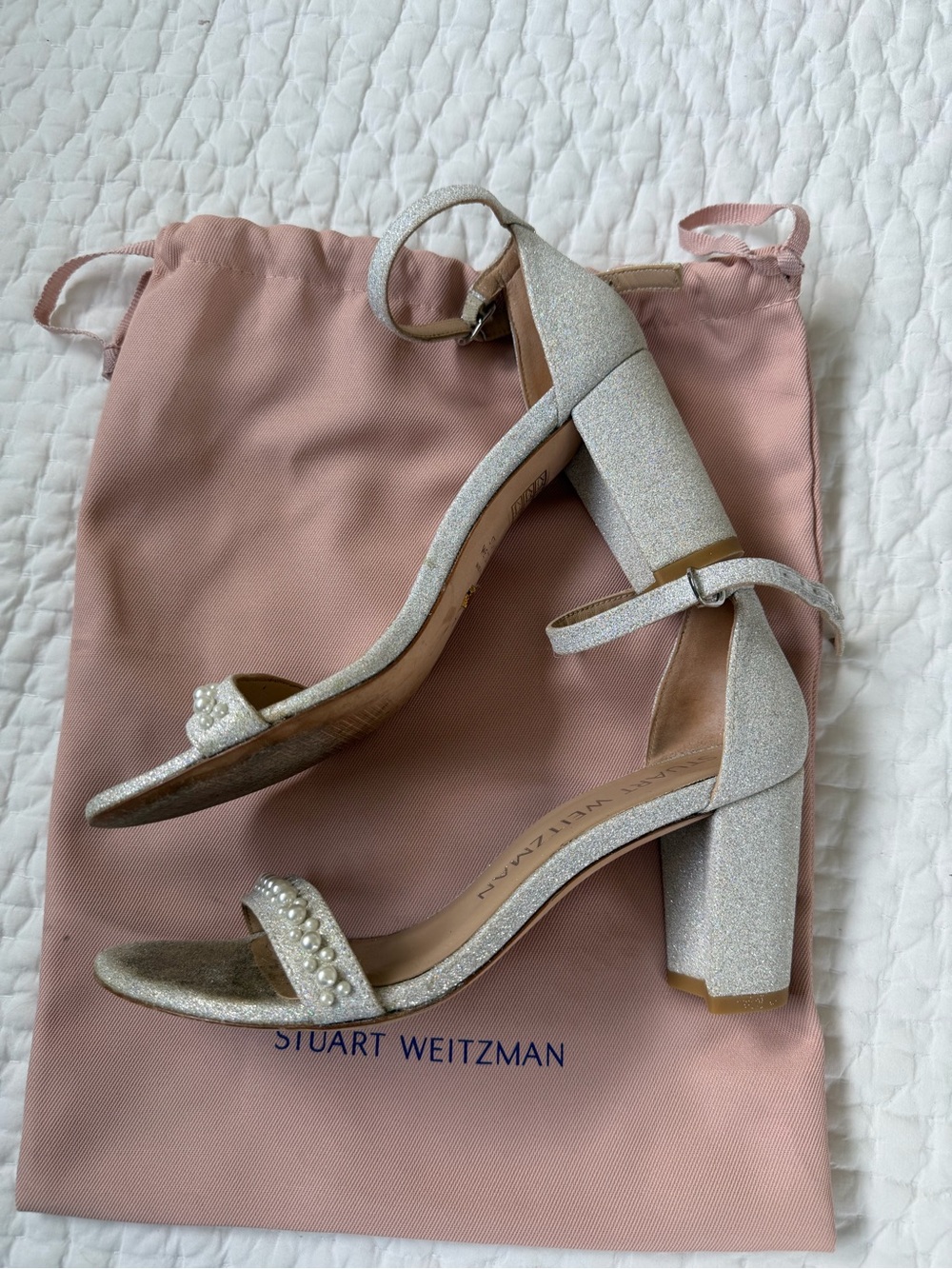 Stuart Weitzman Silver Glitter Pearl-Embellished Block Heel Sandals, WORN ONCE